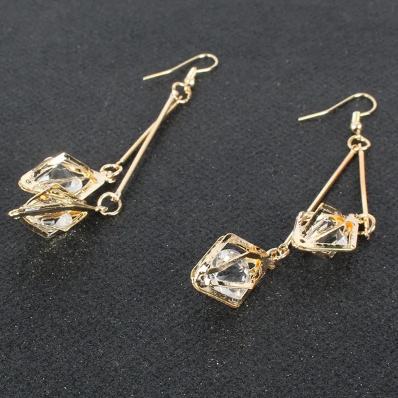 3/$35 Gold Geometric Long Drop Dangle Earrings Clear Stones Crystal Diamond - Picture 7 of 7